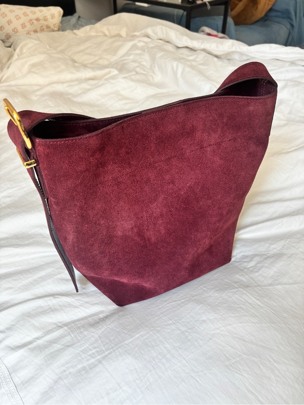 Suede Bucket Shoulder Bag in Burgundy